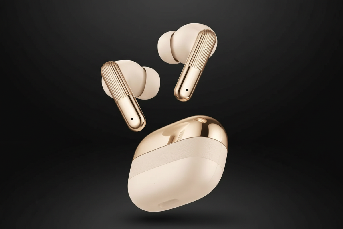 AI Buds Pro gold wireless earbuds floating on dark background