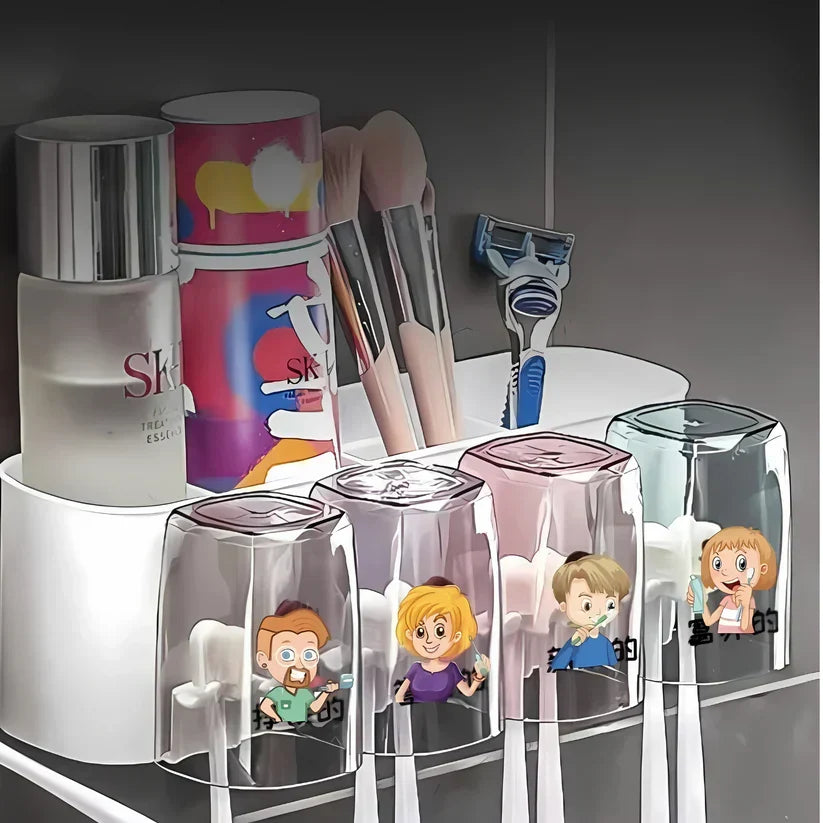 Toothbrush Holders & Storage Rack with 4 Cute Cartoon Cups